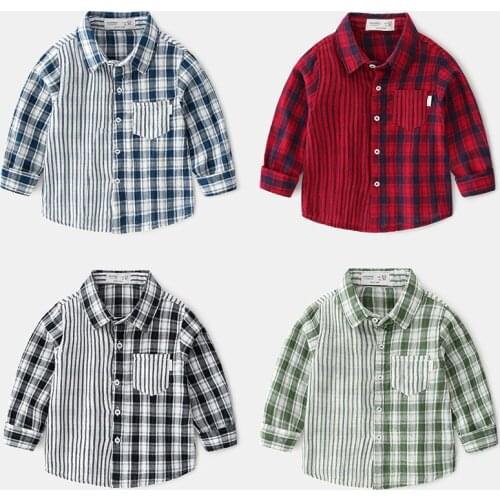 2 3 4 5 6 Y Toddler Boys Shirts Casual Korean Striped Plaid Splicing Shirt for Boy Child Clothes Tops Kids Tees Children Shirts