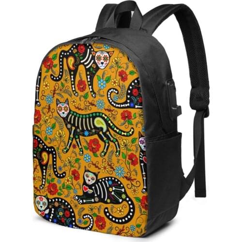 Backpack Orange Calavera Cats Sugar Skills For Day Of The Dead Dia De Los Muertos Teenager USB Charge Computer Laptop Back Pack