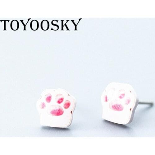 Cute Girl Simple Handmade Shrink Plastic Cat Paw Stud Earrings With 925 Sterling Silver Ear Needle Women Charm Jewelry