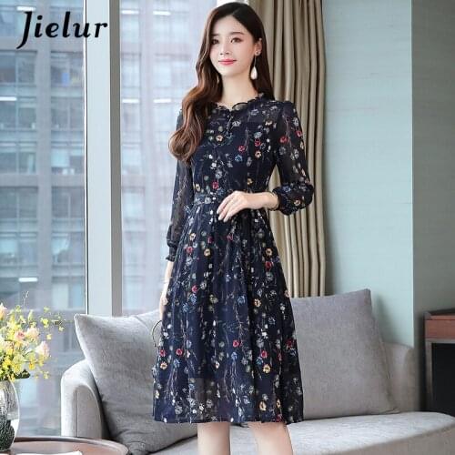 Jielur Chiffon Chic Long Sleeve Dresses 2020 New Autumn Floral Dress Women Vestidos High Waist Blue Dress Robe Femme M-XXXL