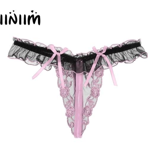 Sissy Men Panties See-through Mesh G-String Flower Embroidery Open Crotch Thong Lace Trim Low Waist T-back Bowknot Gay Underwear