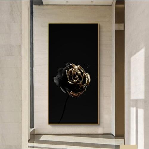 Modern Abstract Gold and Black Flower Skull Canvas Painting Posters and Prints Wall Pictures for Gallery Decorative Painting
