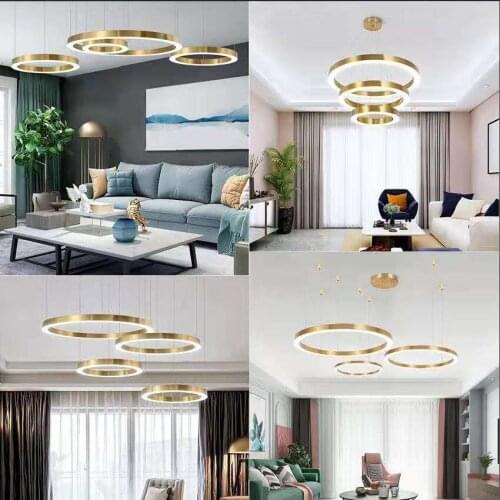 Modern High Circle Ceiling Chandeliers Remote Control Staircase Lobby Living Room LED Round Ring Lamp Dimmable LED Gold Circle