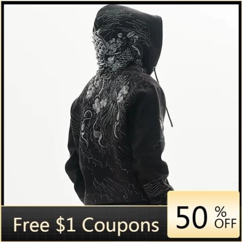 National Tide Chinese Style Sweater Tide Brand Autumn and Winter New Angel Wings Tide Loose Hooded Black Couple Pullover S-3XL