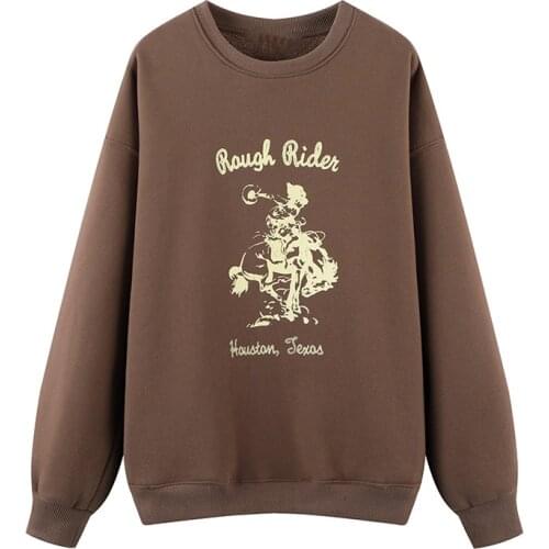 PUWD Vintage Woman Brown Oversized Appliques Cotton Hoodies Autumn Casual Ladies Warm Hooded Pullover Female Loose Outerwears