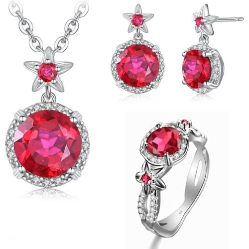 Szjinao Silver Jewelry Set For Women Real 925 Sterling Silver Flower Ruby With Zircons Earrings Pendant Ring Boho Fine Jewellery