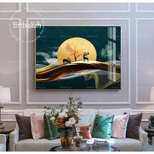 Embelish Modern Office Home Decor Artworks Landscape Pictures For Living Room Moon And Deer Golden HD Canvas Painting Posters