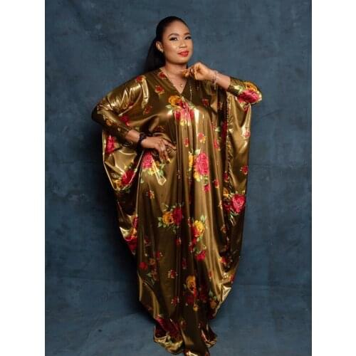 V Neck Loose Batwing Sleeve Floral Print African Clothing Silk Women Long Maxi Dress 2020 Summer Plus Size Dress Ladies