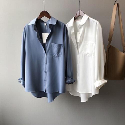Gray Blue Chiffon Women Shirts 2021 Summer Dropshipping Button-up Slim Office Lady Elegant Female Blousas Outwear Tops