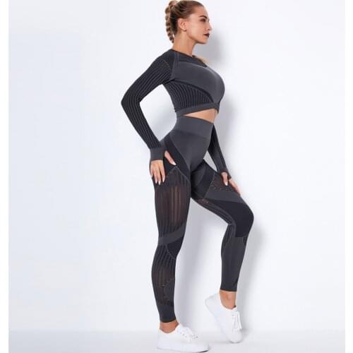 2Pcs Gym Set Women Seamless Hollow Out Yoga Set Gym Crop Top High Waist Leggings Tracksuit Women Fitness Clothing Workout Set