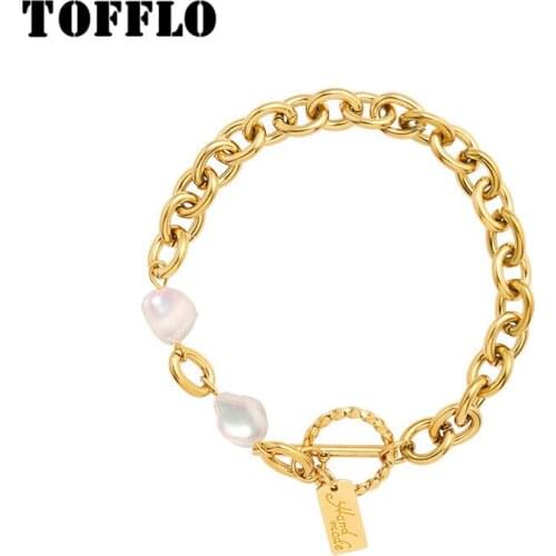 TOFFLO Stainless Steel Jewelry OT Button Link Chain Bracelet Womens Hip Hop Cool Natural Freshwater Pearl Gold Bracelet BSE182
