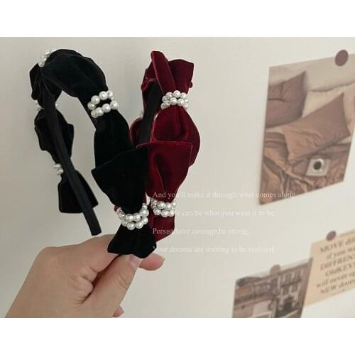 Ruoshui Woman Elegant Pearl Bowknot Hairband Women Velvet Hair Accessories Bezel Head Hoop Headwear Lady Ornaments Turban