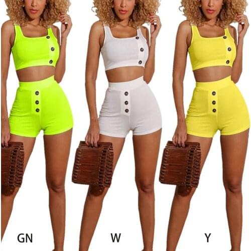Women Sexy 2 Piece Outfits Set Solid Color Female Sleeveless Crop Top Shorts Ribbed Knit Buttons Decorative Tracksuit Clubwear
