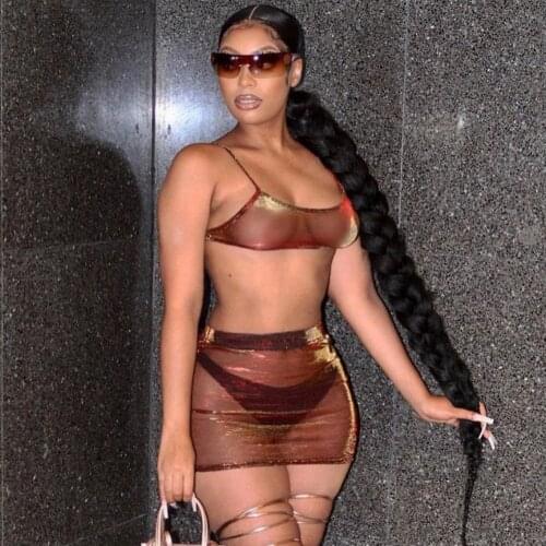 Women Sexy See Through Hot Mesh 2 Piece Set TankTop Mini Dress Matching Set 2021 Summer Bodycon Clubwear Party Outfits