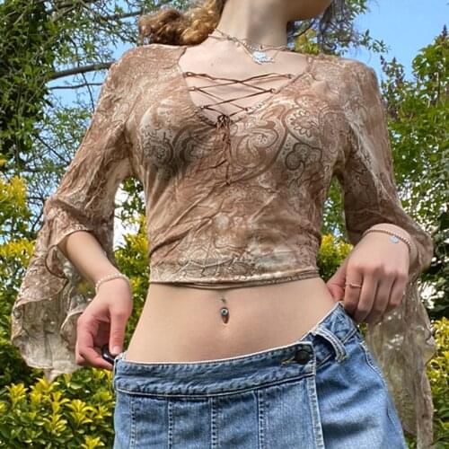 Autumn Aesthetic Fashion Crop Top 2021 Vintage Harajuku Sexy V Neck Long Split Flare Sleeve Crop Tops Tees Y2K Mesh Gothic
