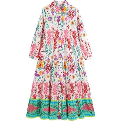 Za Women Totem Print Ruffled Midi Shirt Dress 2021 Spring & Autumn Elegant Lady Lapel Three Quarter Sleeve Single Breasted Dress