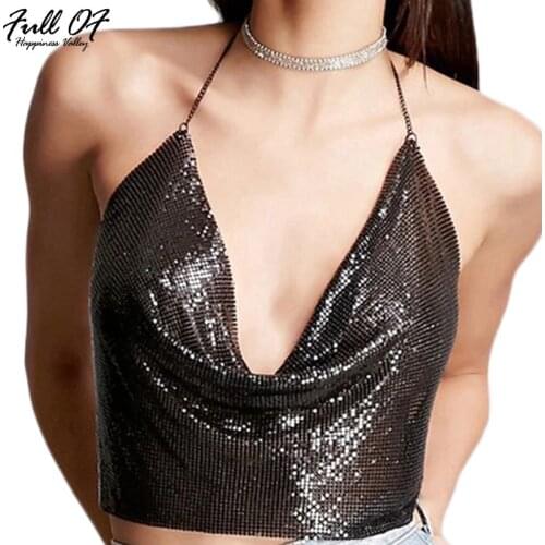 2020 Sexy Metal Chain Sequins Nightclub Summer Crop Top Women Black Tops Backless V-neck Beach Party Club Tank Top