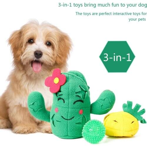 3-in-1 Pet Dog Chew Toy with Ball Cactus Shape Soft Fleece Interactive Chewing Squeaky Puppy Toys for Pets Supplies