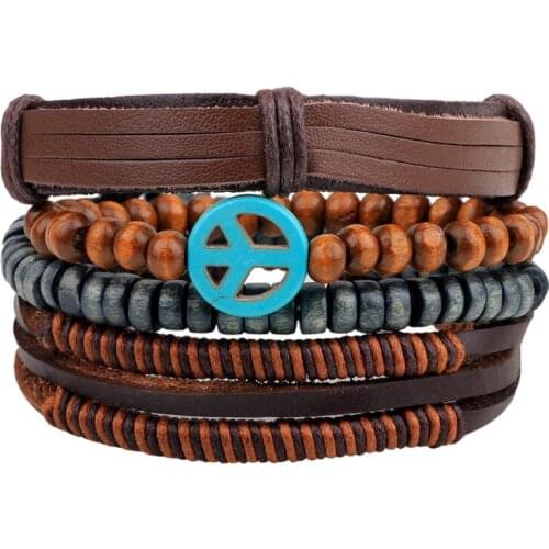 4pcs/set Handmade Boho Gypsy Hippie Brown Leather Rope Cord Wood Bead Blue Turquoises Peace Charm Wrap Layers Bracelets for Man
