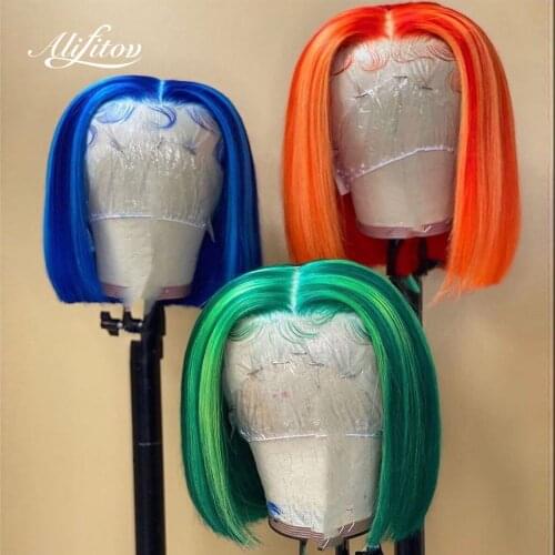 ALIFITOV Blue Green Orange Highlight Lace Front Wigs Short Bob Pre-Plucked Remy Hair Human Hair Wigs with Baby Hair For Women