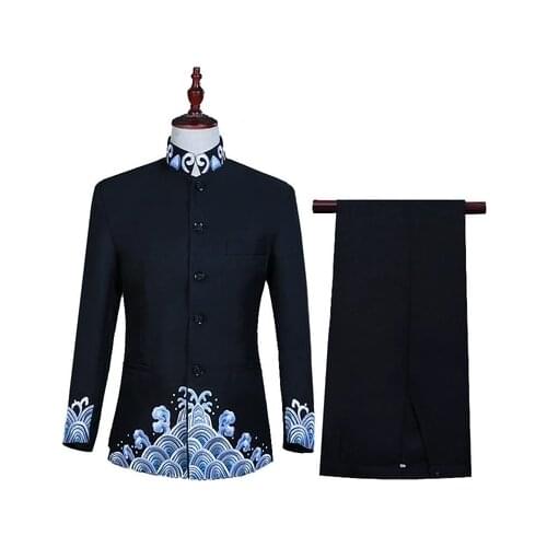Freeship mens stand collar wave embroidery tuxedo jacket with pants/stage performance/studio suit/china style