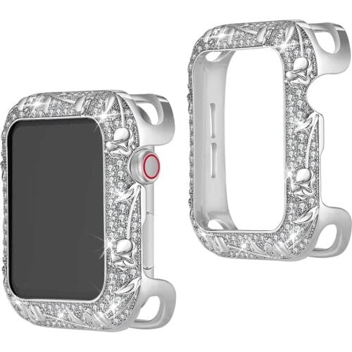 Bling Case for Apple Watch 44mm SE 6 5 4 3 40mm Stainless Metal Floral Carved Shiny Jewelry Crystal Protective Cover Bumper