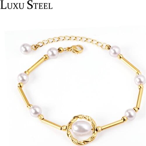 LUXUSTEEL Imitation Pearls Bracelet Mujer Pulsera Women Stainless Steel Gold Color Round Beaded Bracelets Accessories Wedding