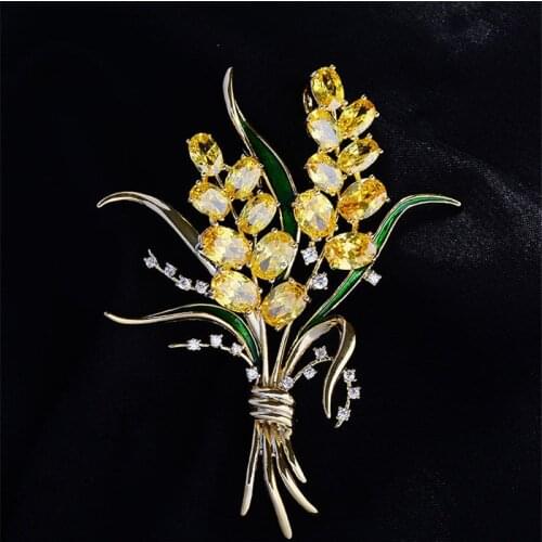 OKILY Delicate Gold Zircon Wheat Brooches for Women Rhinestone Enamel Brooch Pin Fashion Jewelry Coat Dress Corsage Accessories