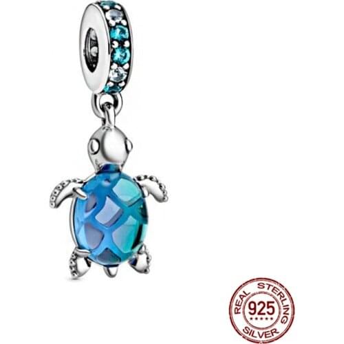 Summer Sterling Silver 925 Murano Glass Sea Turtle Dangle Charms Beads fit Original Pandora Bracelets Women DIY Jewelry