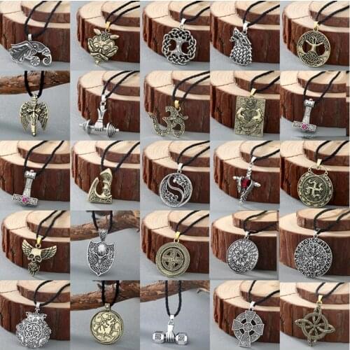 Mixed 10pcs/lot Black Men Chain Necklace Retro Tibetan Axe Viking Jewelry Wholesale Talisman Amulet Slavic Charm Necklace Women