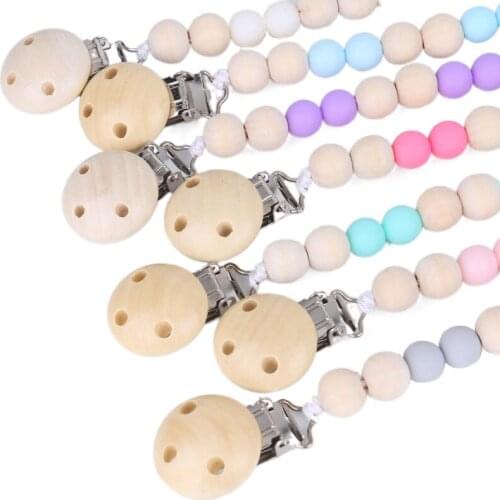 Baby Pacifier Clips Silicone Beads Wooden Ring Pacifier Chain Infant Nipple Appease Soother Chain Clips Dummy Holder Nipple Clip