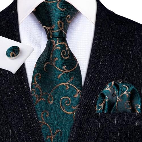 New Fashion Luxury Green Floral 100% Silk Ties Gifts For Men Wedding Barry.Wang NeckTies Hanky Sets Groom Business LN-5283