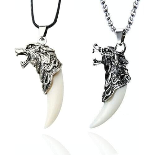 Fashion Retro Punk Animal Artificial Leather Metal Brave Natural Stone Wolf Tooth Pendant Necklace Amulet Jewelry Tribal Gift