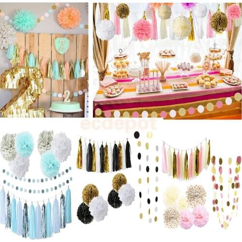 Set of 20pcs Colorful Tissue Paper Flowers Balls Tassels Banner Garland Party Venue Decoration
