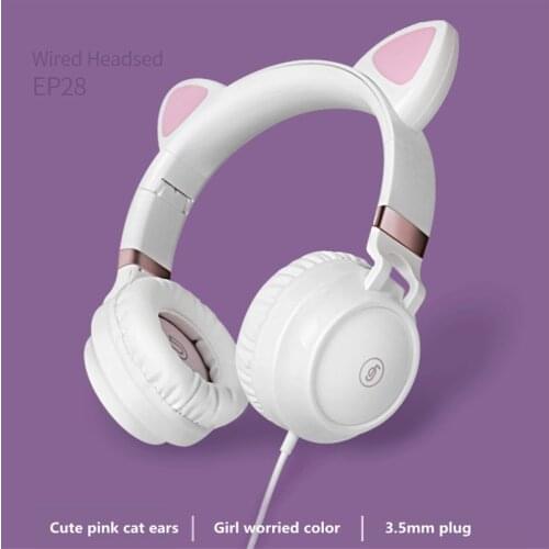 New cute wired pink cat ear headphones with mic 3.5mm AUX music online class headset is the best gift for children