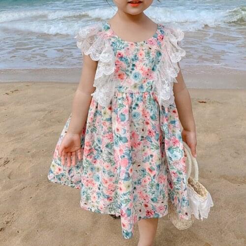 2021 New Summer Dress Cute Sleeveless Lace Stitching Floral Princess Dress Kids Clothing Sweet Girl Dress