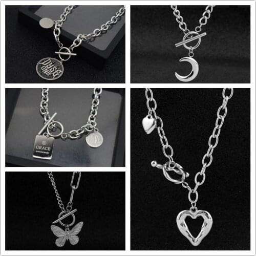 OT Stainless Steel Necklace For Women Men Jewelry Butterfly Charm Pendant Vintage Accessory Punk Heart Word Tags Cherry Necklace