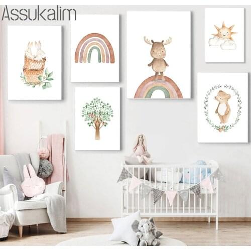 Rabbit Deer Bear Animals Canvas Poster Sun Rainbow Painting Nursery Wall Art Print Nordic Posters And Prints Baby Room Decor