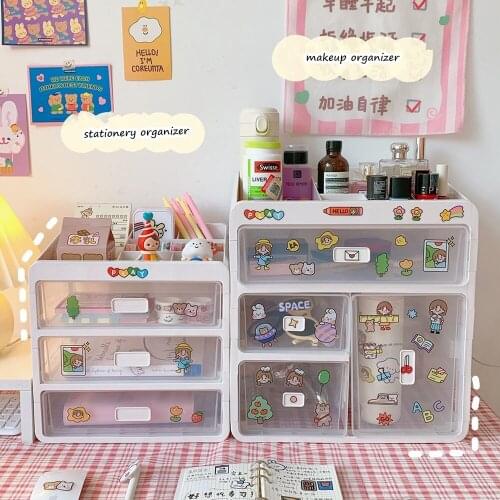 Kawaii Large Capacity Transparent Drawer Type Desktop Organizer Desk Storage Box Pen Holder School Office Stationery