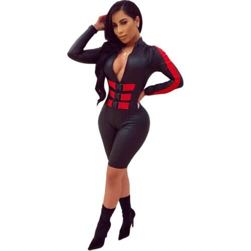 Sexy Black Bodysuits Playsuit Women Party Club Wear Bodycon Jumpsuit Zipper Button Long Sleeve Rompers Womens Jumpsuit Shorts