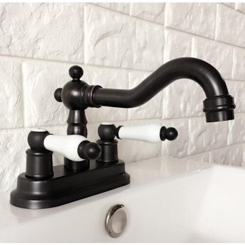 Deck Mounted 4" Centerset 2-hole Black Oil Rubbed Bronze Bathroom Faucet Wash Basin Mixer Sink Taps Swivel Spout Faucets thg074