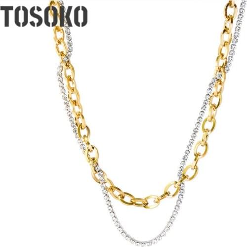 TOSOKO Stainless Steel Jewelry Geometric Fashionable Multi-Layer Winding Clavicle Chain Zircon Chain Necklace For Women BSP708