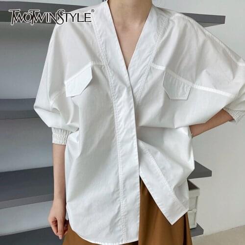 TWOTWINSTYLE Solid Color Blouse Shirts For Female V Neck Batwing Sleeve Loose Womens Casual Shirt Fashion Streetwear New 2021