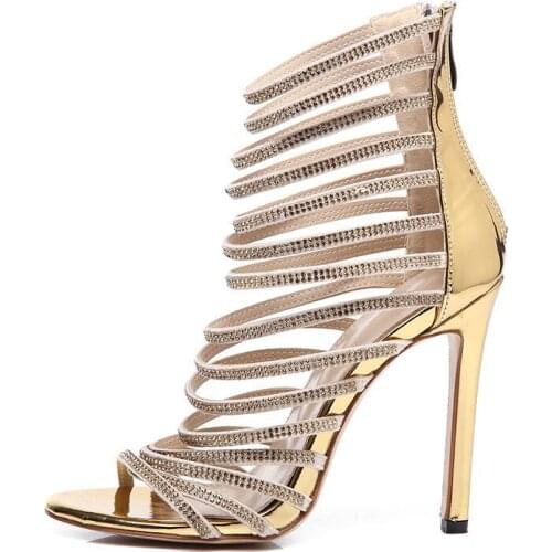 Women sandals PU Sequined Cloth Slip On 11cm Thin Heels High heels Round Toe Rhinestones Cover Heel women sandals size 35-42