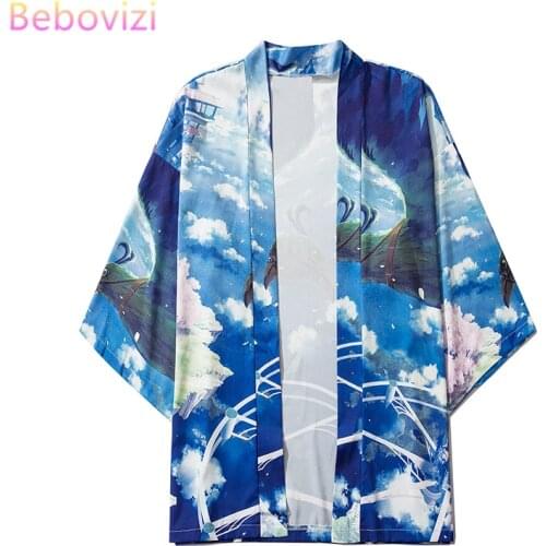 M-XXL Fashion 2021 New Summer Blue Loose Japanese Streetwear Cardigan Women Men Harajuku Haori Kimono Cosplay Blouse Top Yukata
