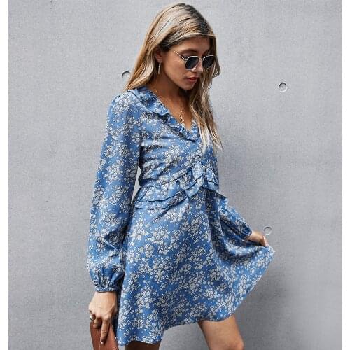 Ladies Vintage Floral Print Spring Autumn Dress Women Ruffles Long Sleeve V Neck Casual Holiday Women Mini Dress Female Vestidos
