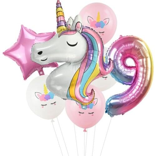 7pcs/batch Rainbow Unicorn Party Balloon Unicorn Birthday Decoration DIY Number Balloon Kids Birthday Party Decoration Globos