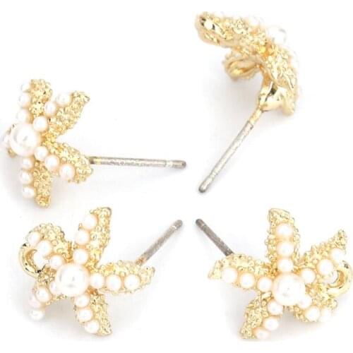 8Seasons Zinc Based Alloy Ear Post Stud Earrings Findings Star Fish Gold White Acrylic Imitation Pearl Charms 13 x 12mm,4 PCs