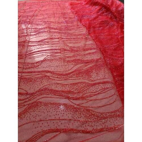 Red Color Shinny Glued Glitter WAve Design Lace African Embroidery fabrics For Wedding or Evening Party Dress