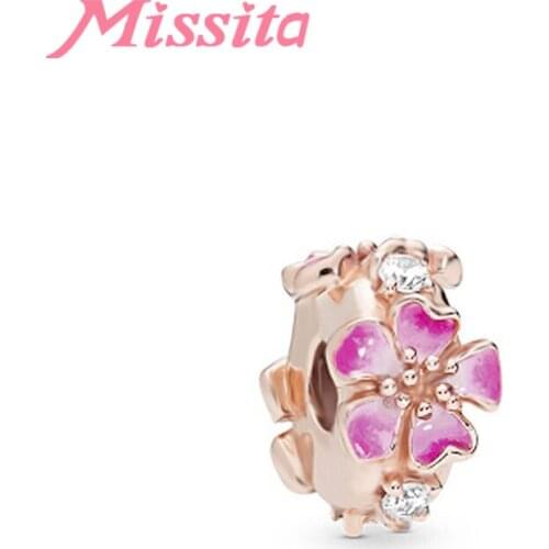 MISSITA Romantic Rose Gold Peach Blossom Beads fit Brand Charm Bracelet DIY Jewelry Women Silver Color Jewelry Accessories